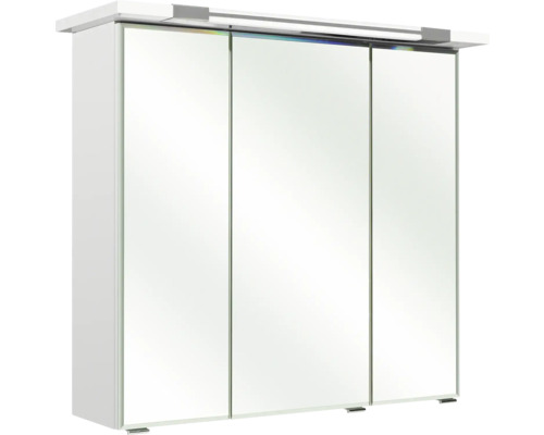 Armoire de toilette blanche avec trois portes et éclairage pour la salle de bains