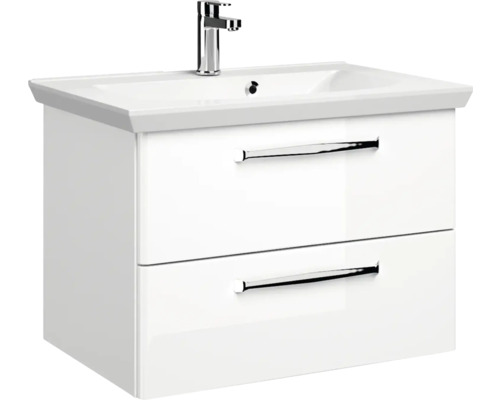 Meuble sous-lavabo avec deux tiroirs, vasque à poser et robinet