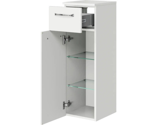 Armoire haute de salle de bain ouverte avec tiroir et deux étagères en verre