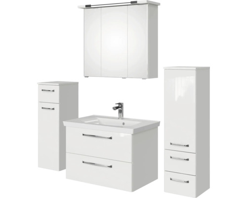 Ensemble de salle de bains avec meuble sous-lavabo, armoire de toilette et deux armoires hautes