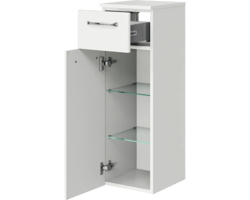 Meuble sous-lavabo blanc avec tiroir, porte et étagères en verre