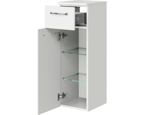 Weisser Bad-Hängeschrank mit Schublade und offenen Glasregalen