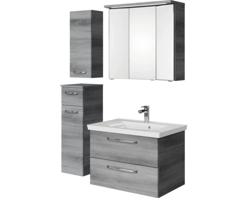 Badezimmermöbelset mit Waschtischunterschrank, Waschbecken, Spiegelschrank und Hochschrank