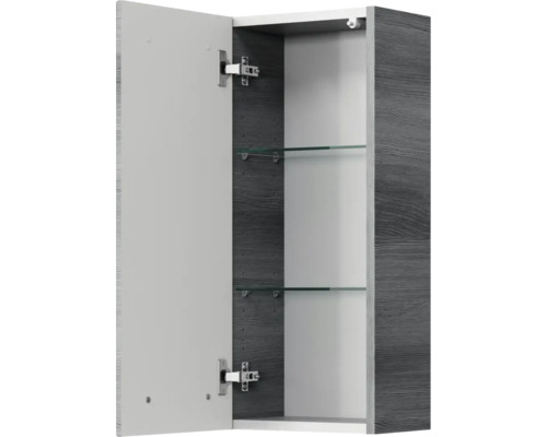 Armoire de toilette ouverte avec deux étagères en verre