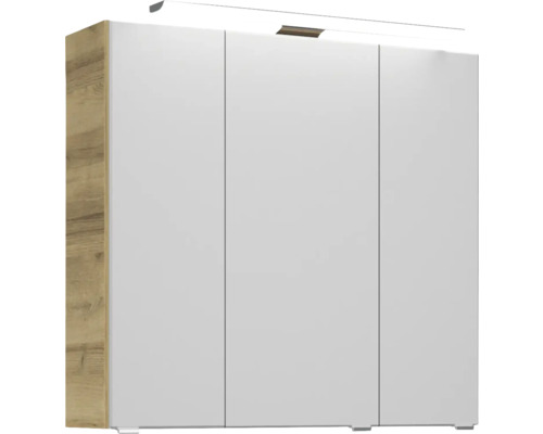 Dreitüriger Kleiderschrank mit Holzstruktur an den Seiten und Beleuchtung