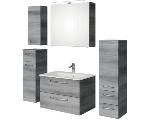 Komplette Badezimmereinrichtung mit Waschtisch, Waschbecken, Spiegelschrank und Hochschränken