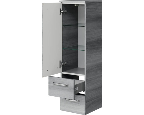 Armoire haute avec porte ouverte et tiroirs pour salle de bains