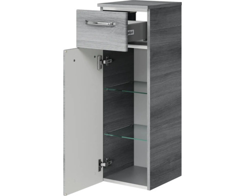 Offener Badezimmerschrank mit Schublade und Glasböden