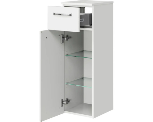 Weißer Badhängeschrank mit Schublade, Tür und Glasablagen