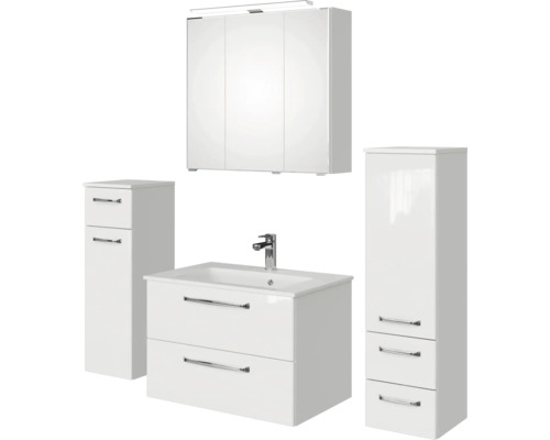 Weisses Badezimmermöbelset mit Waschtischunterschrank, Spiegelschrank, Hochschrank und Seitenschrank