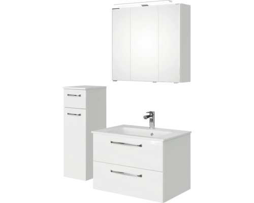 Weisses Badezimmerset mit Spiegelschrank, Waschtischunterschrank und Hochschrank