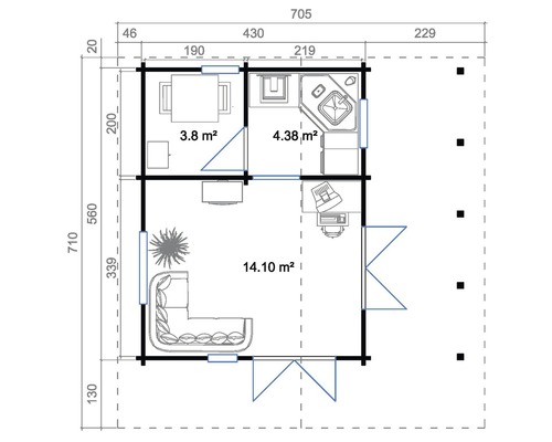 Plan d''un abri de jardin mesurant 705 x 710 cm avec différents calculs d''espace