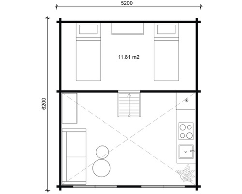 Plan d''un abri de jardin avec chambre, salon et cuisine avec indications de taille