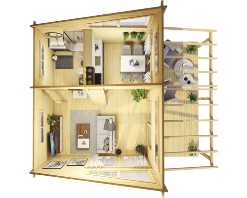 Plan d''une maison en bois à deux étages avec salon, salle de bain, cuisine, salle à manger et balcon