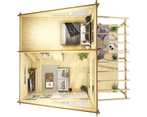 Maison en bois à deux étages avec chambre, salon et toit-terrasse vue de dessus