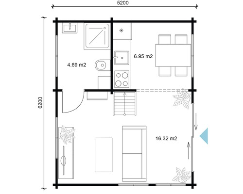 Plan d''un chalet en bois avec salle de bain, cuisine, salle à manger et salon.