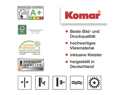 Informationen zu Qualität, Materialien und Eigenschaften des Produkts sowie Logos und Siegel.