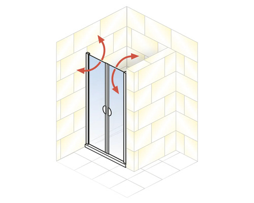 Cabine de douche avec portes pivotantes et flèches directionnelles