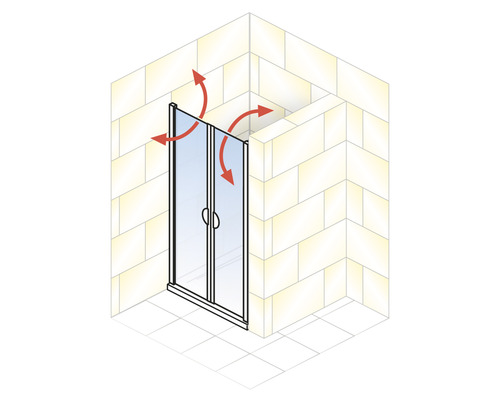 Cabine de douche avec portes pliantes et flèches rouges illustrant la flexibilité