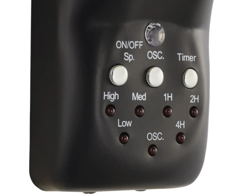 Nahaufnahme der Bedienelemente eines Ventilators mit Schaltern für Ein/Aus, Oszillation und Timer sowie Geschwindigkeitsstufen.