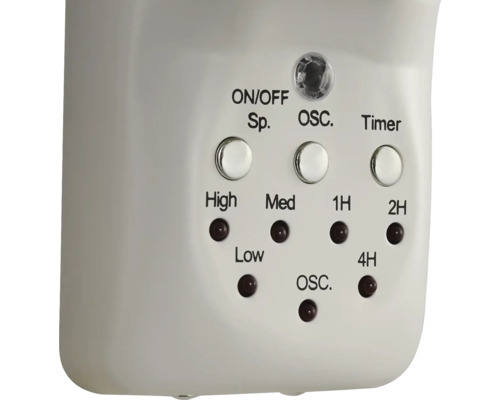 Nahaufnahme der Bedienfelder eines Ventilators für Einstellungen wie Geschwindigkeit, Oszillation und Timer