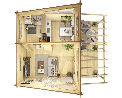 Plan d''un chalet de jardin à deux étages avec terrasse et diverses pièces comme une salle de bain, une cuisine, un salon et une salle à manger