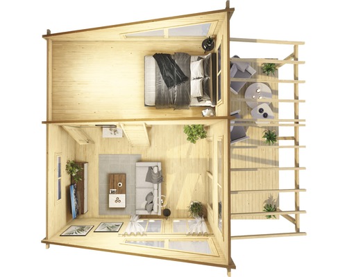 Vue intérieure d''une maison en bois avec chambre, salon et terrasse