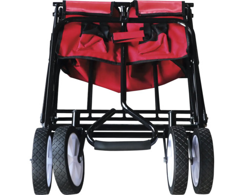 Gefalteter Bollerwagen mit roten Stofftaschen und schwarzen Metallrahmen
