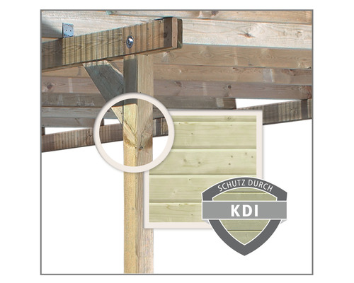 Construction en bois avec vue détaillée d''un assemblage d''angle et le label protection par KDI