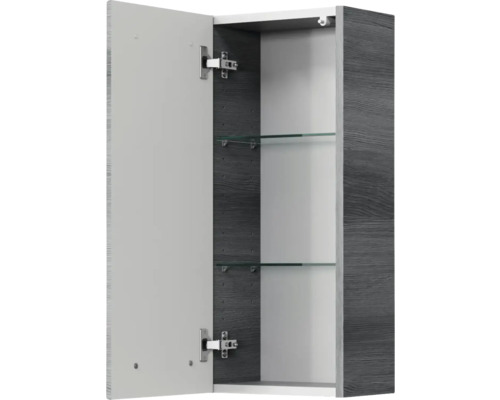 Geöffneter Spiegelschrank mit Glasböden