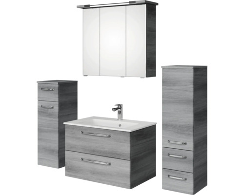 Komplettes Badezimmerset mit Waschtischunterschrank, Waschbecken, Spiegelschrank und zwei Hochschränken