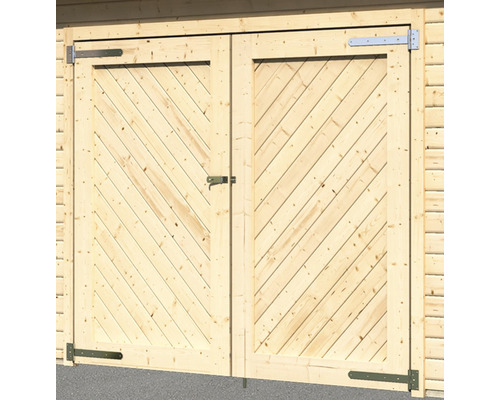 Double porte en bois avec structure de planches diagonales pour cabanon de jardin ou remise