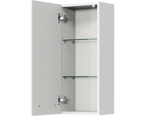 Armoire de toilette ouverte avec deux étagères en verre