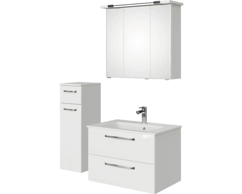Badezimmermöbelset mit Waschtischunterschrank, Waschbecken, Spiegelschrank und Hochschrank