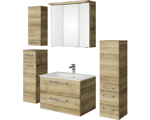 Badezimmer Set mit Waschbeckenunterschrank, Spiegelschrank und Hochschränken