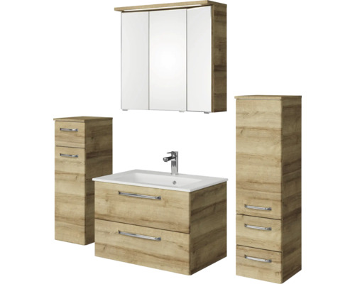 Badezimmermöbelset mit Waschtischunterschrank, Spiegelschrank und zwei Hochschränken
