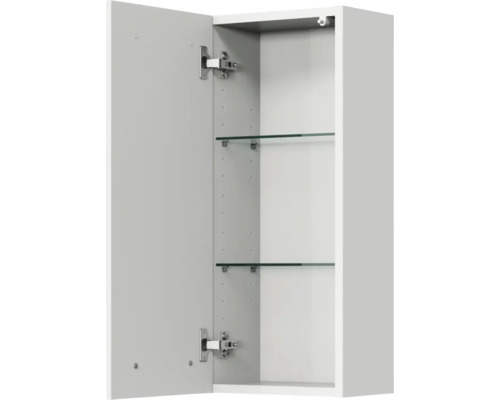 Offener weisser Spiegelschrank mit Glasablagen