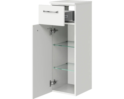Weißer Badschrank mit Schublade, Tür und Glasböden