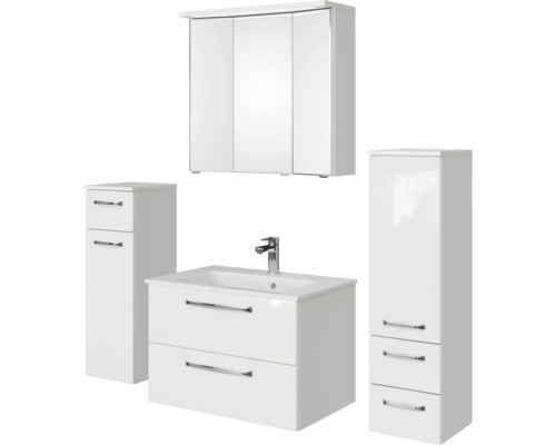 Weisses Badezimmermöbel-Set mit Waschtischunterschrank, Spiegelschrank und Hochschränken