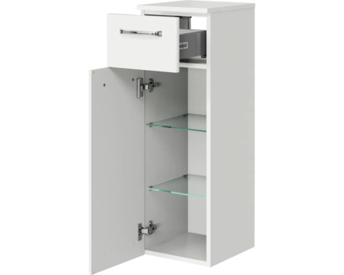 Weisser Hänge-Hochschrank mit Schublade, Tür und Glasböden für das Badezimmer.