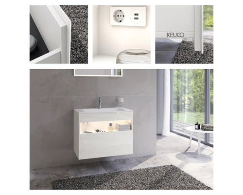 Salle de bains moderne avec meuble sous-lavabo blanc, lavabo et miroir éclairé