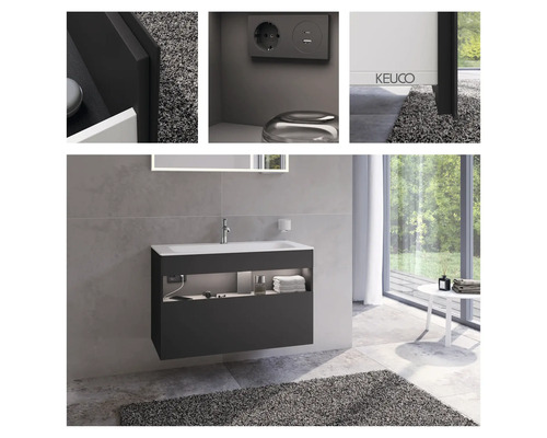 Salle de bains moderne avec lavabo, miroir et mobilier gris