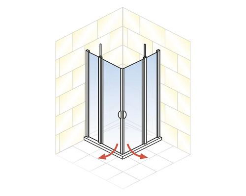 Cabine de douche d''angle avec portes en verre et flèches indiquant le mouvement de la porte.