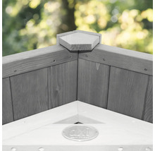 Detailansicht eines Holzspielhauses mit AXI by Paradiso Logo.