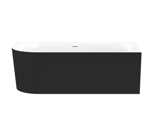 Baignoire îlot de forme rectangulaire avec un côté arrondi.