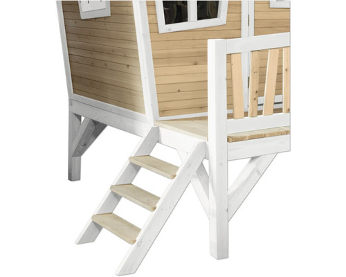 Vue détaillée d''une cabane en bois sur pilotis avec escalier et véranda