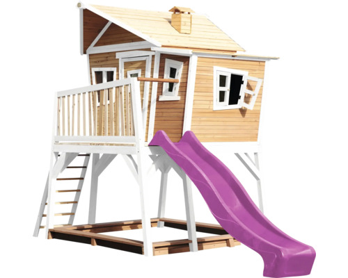 Maisonnette avec toboggan, échelle et bac à sable en bois