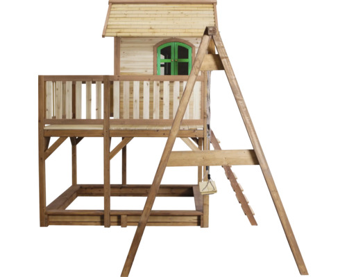 Cabane de jeux avec balançoire et bac à sable en bois