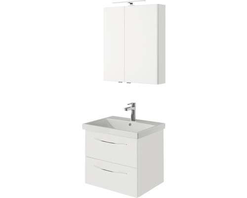 Weisser Waschtischunterschrank mit zwei Schubladen, Waschbecken und Spiegelschrank mit Beleuchtung