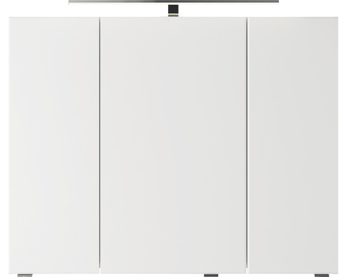 Weisser Badezimmerschrank mit drei Türen und integrierter Beleuchtung.